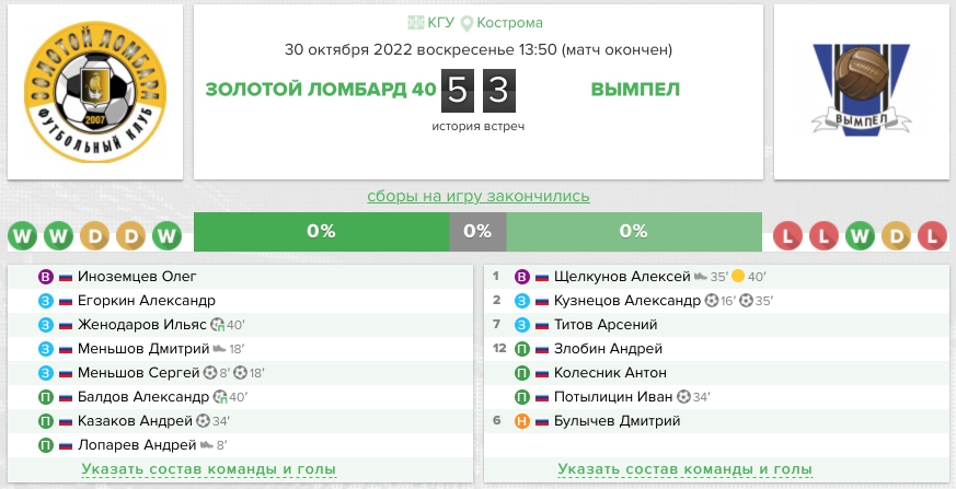 Протокол ЗЛ – Вымпел 30 октября 2022