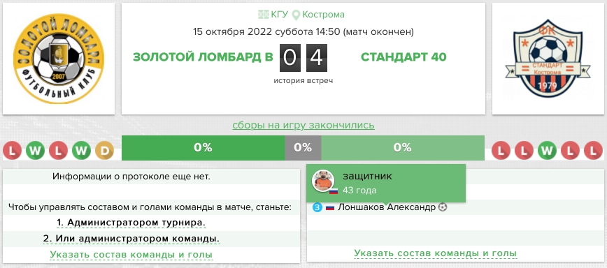 Протокол матча Золотой Ломбард В – Стандарт 40 15 октября 2022